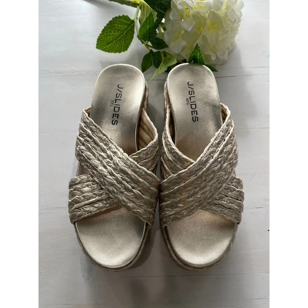 J/Slides NYC Gold Woven Cross Strap Platform Wedge‎ Sandals